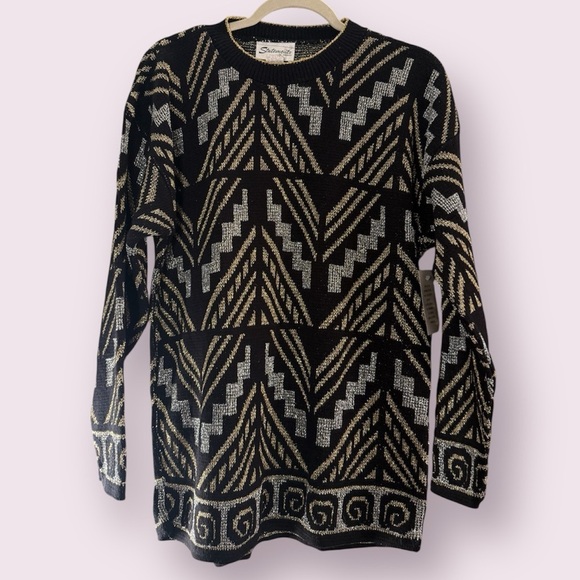 Statements Sweaters - Vintage Statements by Pronto Black Gold Silver Chevron Knit Sweater Size Large